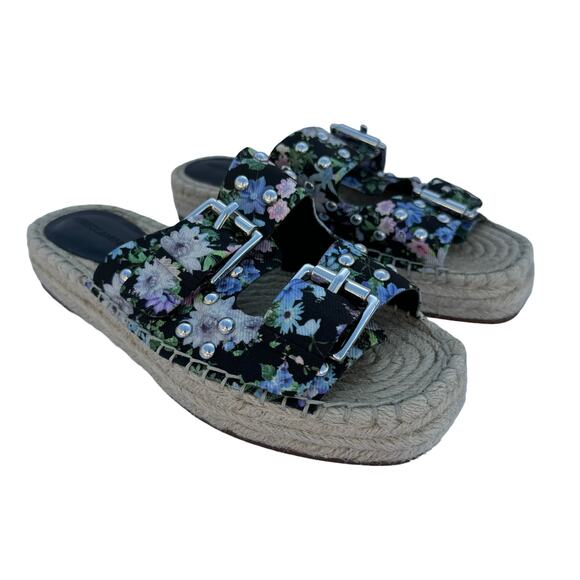 Rebecca Minkoff Jodi Black Pink Floral Double Buckle Strap Espadrilles Sandal 6M - Picture 2 of 10